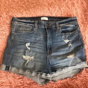 Distressed denim jean shorts